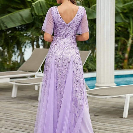 Zia | Fitted V-Neck Ruffle Sleeve Evening Dress