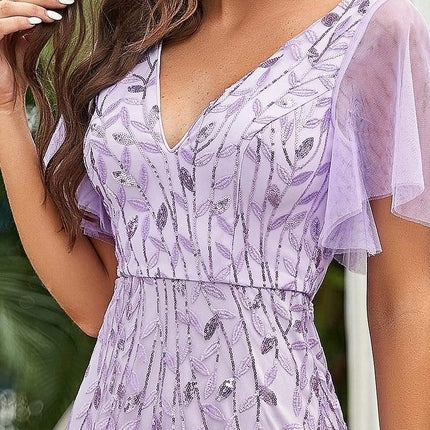 Zia | Fitted V-Neck Ruffle Sleeve Evening Dress