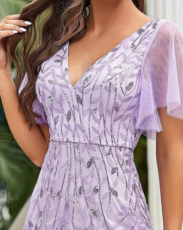 Zia | Fitted V-Neck Ruffle Sleeve Evening Dress