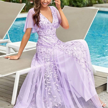 Zia | Fitted V-Neck Ruffle Sleeve Evening Dress