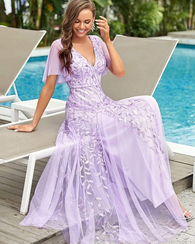 Zia | Fitted V-Neck Ruffle Sleeve Evening Dress