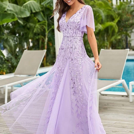 Zia | Fitted V-Neck Ruffle Sleeve Evening Dress