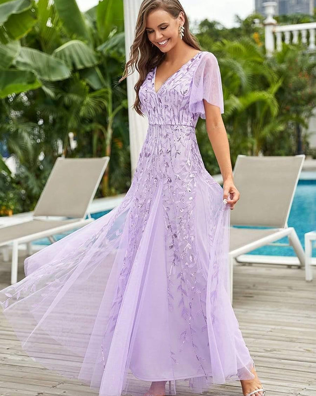 Zia | Fitted V-Neck Ruffle Sleeve Evening Dress