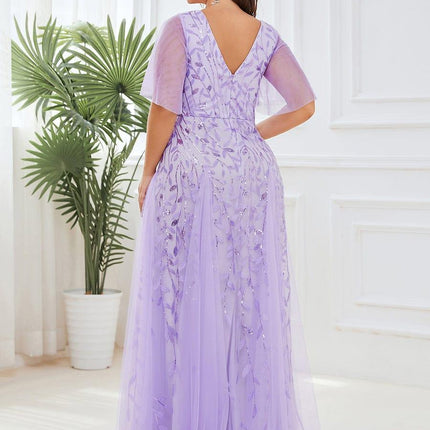 Zia | Fitted V-Neck Ruffle Sleeve Evening Dress