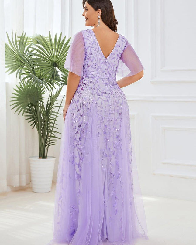 Zia | Fitted V-Neck Ruffle Sleeve Evening Dress