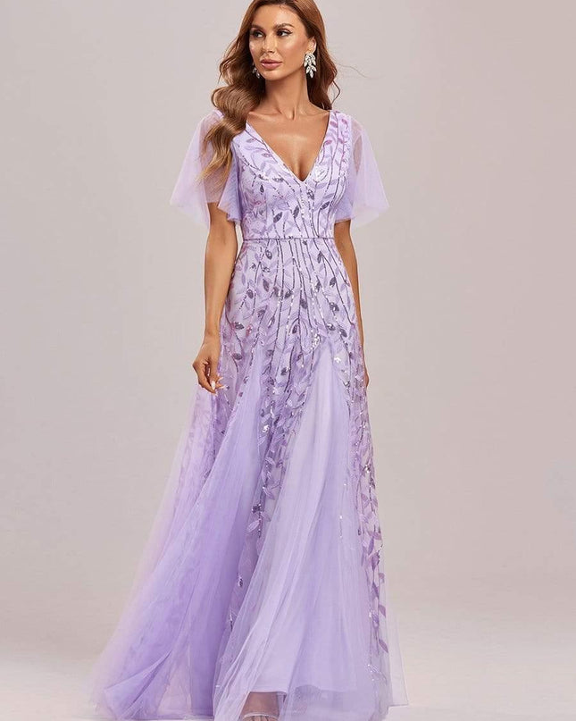 Zia | Fitted V-Neck Ruffle Sleeve Evening Dress