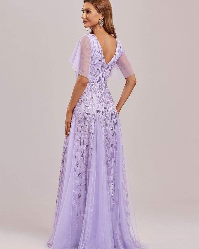 Zia | Fitted V-Neck Ruffle Sleeve Evening Dress