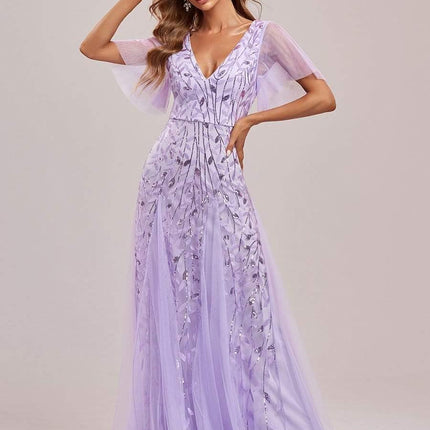 Zia | Fitted V-Neck Ruffle Sleeve Evening Dress