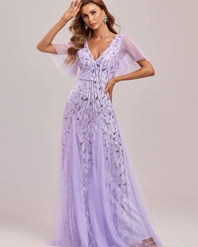 Zia | Fitted V-Neck Ruffle Sleeve Evening Dress