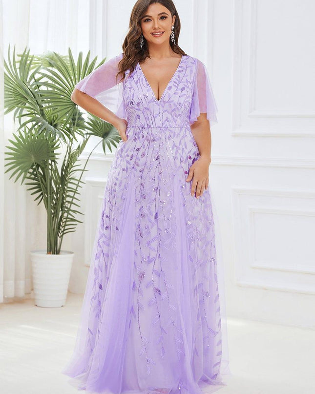 Zia | Fitted V-Neck Ruffle Sleeve Evening Dress