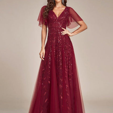 Zia | Fitted V-Neck Ruffle Sleeve Evening Dress