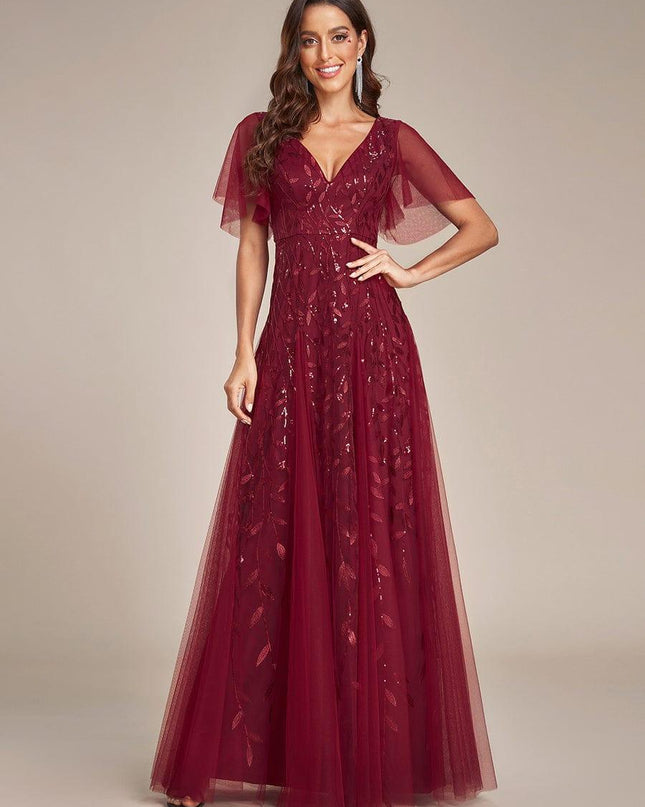 Zia | Fitted V-Neck Ruffle Sleeve Evening Dress