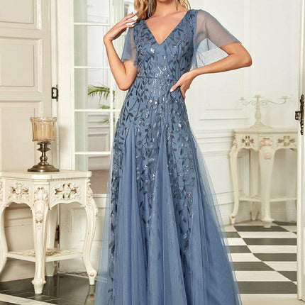 Zia | Fitted V-Neck Ruffle Sleeve Evening Dress