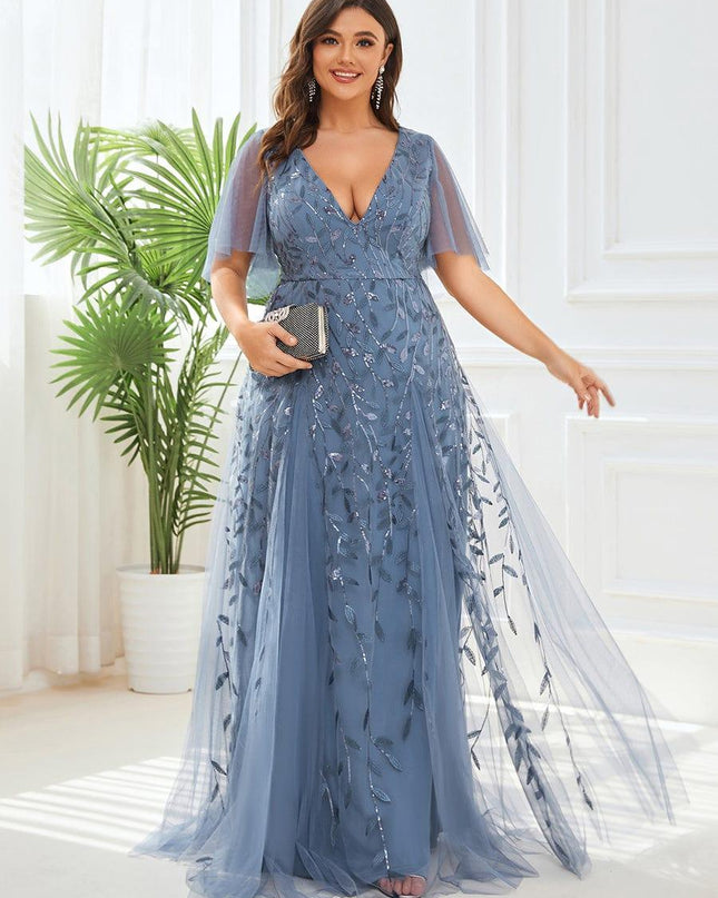 Zia | Fitted V-Neck Ruffle Sleeve Evening Dress