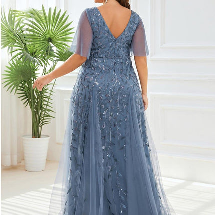 Zia | Fitted V-Neck Ruffle Sleeve Evening Dress