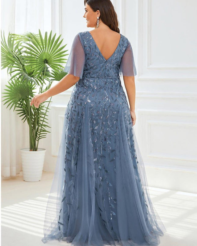 Zia | Fitted V-Neck Ruffle Sleeve Evening Dress