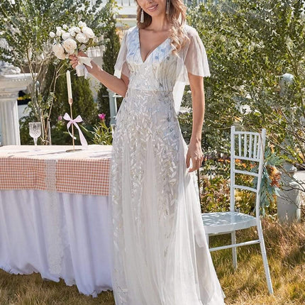 Zia | Fitted V-Neck Ruffle Sleeve Evening Dress