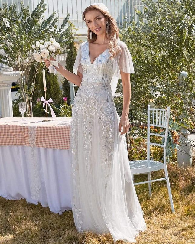 Zia | Fitted V-Neck Ruffle Sleeve Evening Dress