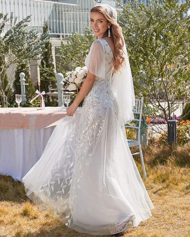 Zia | Fitted V-Neck Ruffle Sleeve Evening Dress