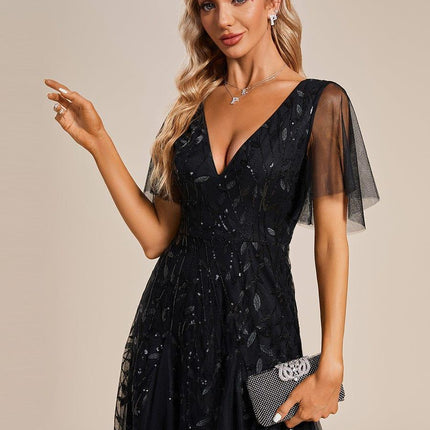 Zia | Fitted V-Neck Ruffle Sleeve Evening Dress