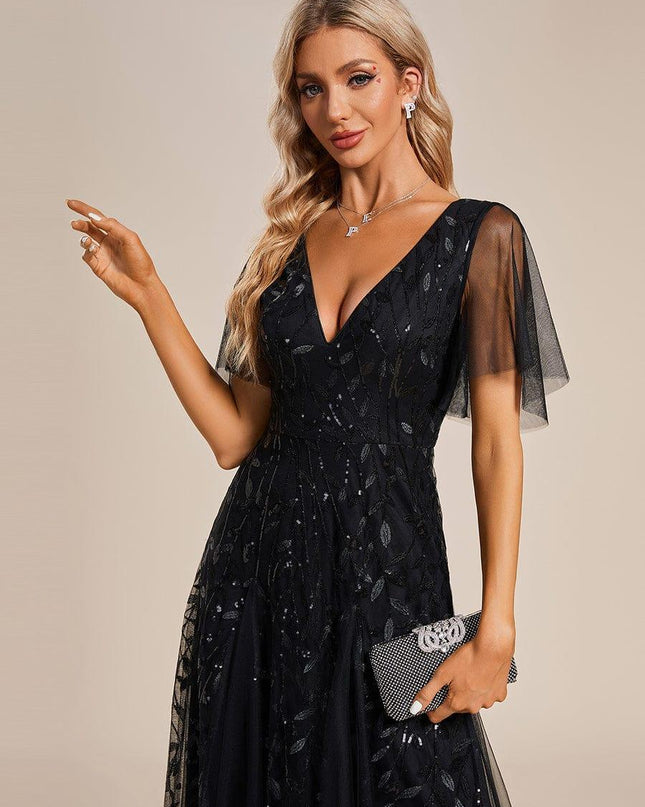 Zia | Fitted V-Neck Ruffle Sleeve Evening Dress
