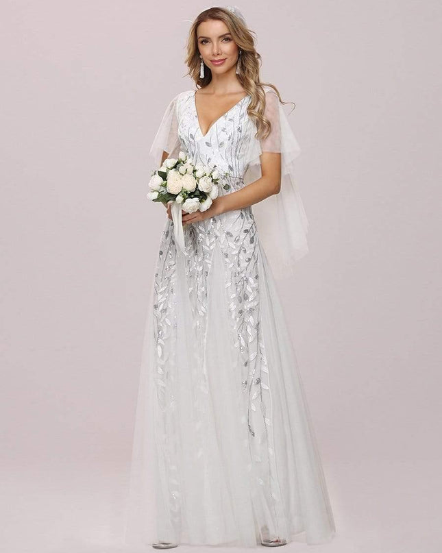 Zia | Fitted V-Neck Ruffle Sleeve Evening Dress