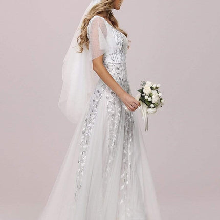 Zia | Fitted V-Neck Ruffle Sleeve Evening Dress