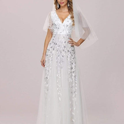 Zia | Fitted V-Neck Ruffle Sleeve Evening Dress