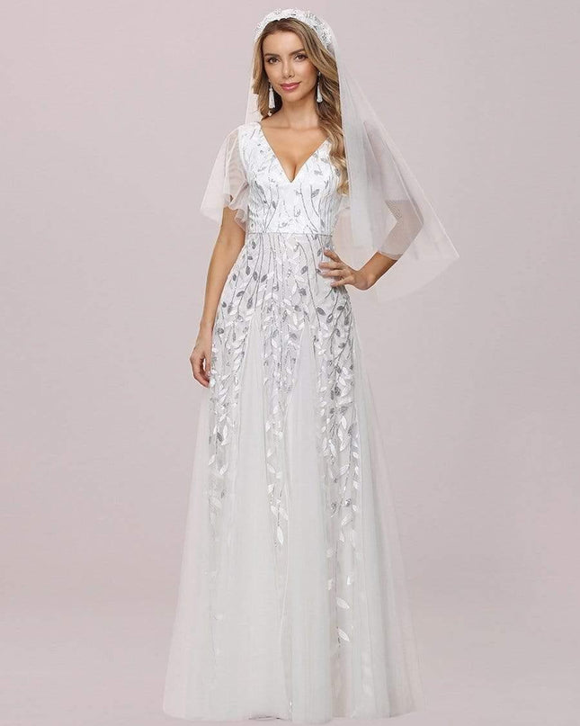 Zia | Fitted V-Neck Ruffle Sleeve Evening Dress