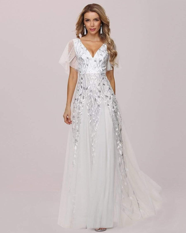 Zia | Fitted V-Neck Ruffle Sleeve Evening Dress