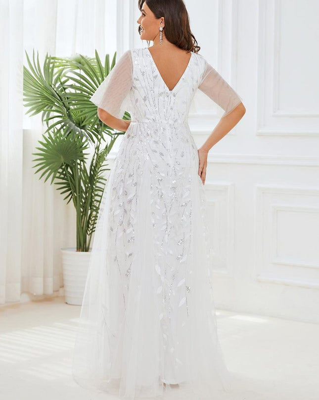 Zia | Fitted V-Neck Ruffle Sleeve Evening Dress