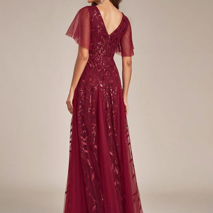 Zia | Fitted V-Neck Ruffle Sleeve Evening Dress