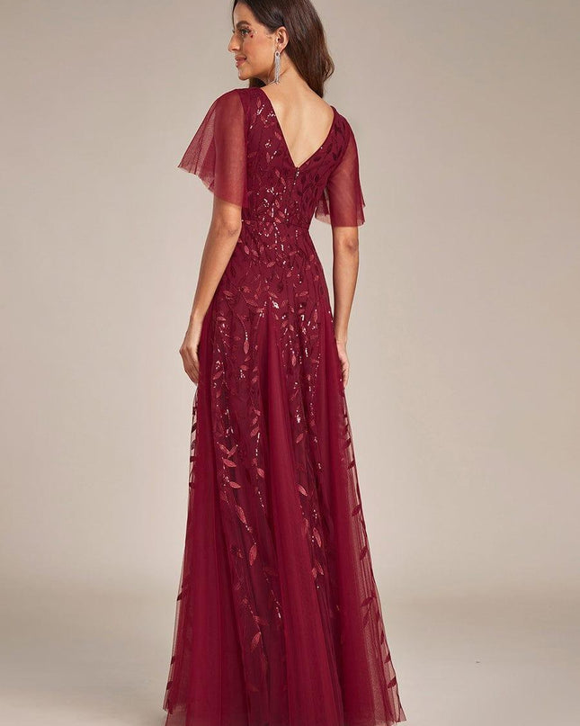 Zia | Fitted V-Neck Ruffle Sleeve Evening Dress