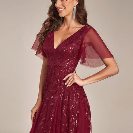 Zia | Fitted V-Neck Ruffle Sleeve Evening Dress