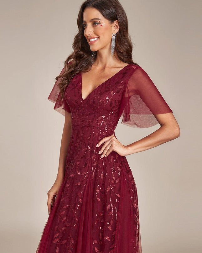 Zia | Fitted V-Neck Ruffle Sleeve Evening Dress