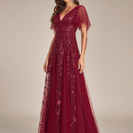 Zia | Fitted V-Neck Ruffle Sleeve Evening Dress