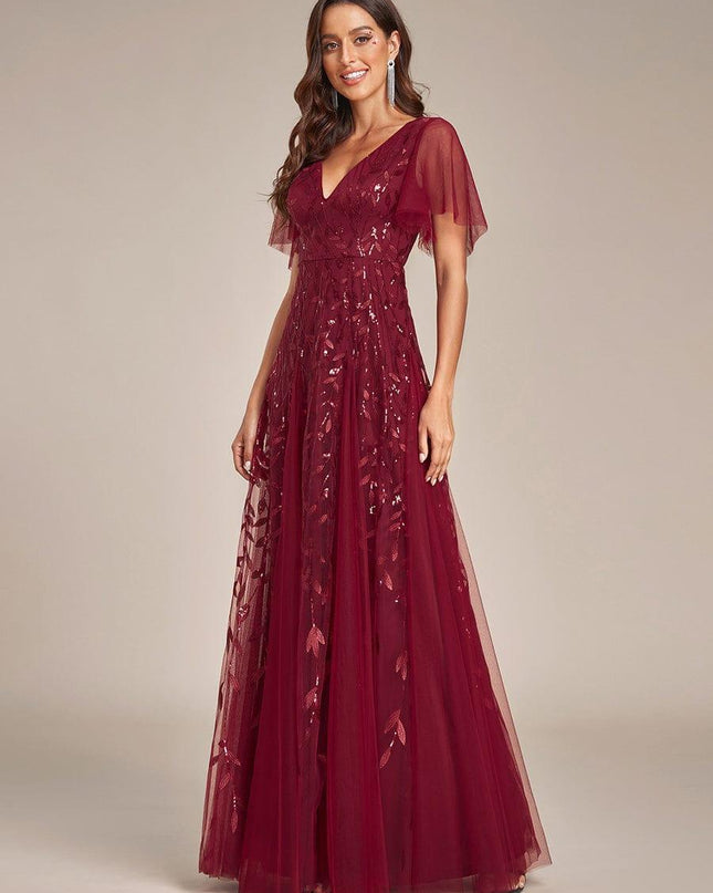 Zia | Fitted V-Neck Ruffle Sleeve Evening Dress