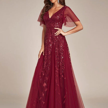 Zia | Fitted V-Neck Ruffle Sleeve Evening Dress