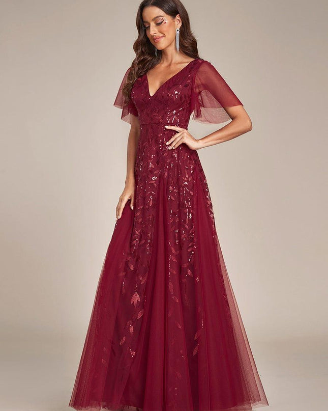 Zia | Fitted V-Neck Ruffle Sleeve Evening Dress