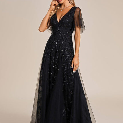 Zia | Fitted V-Neck Ruffle Sleeve Evening Dress
