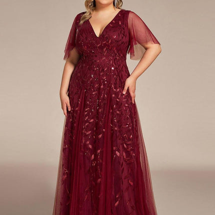 Zia | Fitted V-Neck Ruffle Sleeve Evening Dress