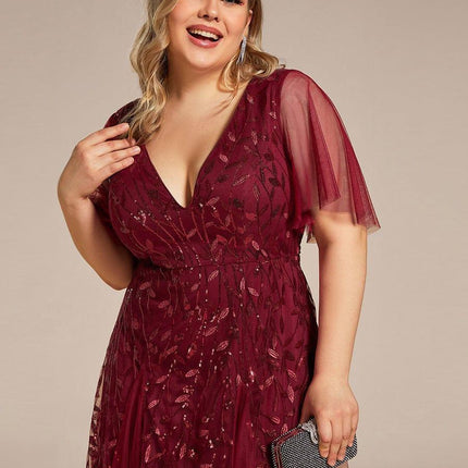 Zia | Fitted V-Neck Ruffle Sleeve Evening Dress