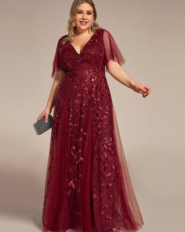 Zia | Fitted V-Neck Ruffle Sleeve Evening Dress