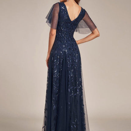 Zia | Fitted V-Neck Ruffle Sleeve Evening Dress