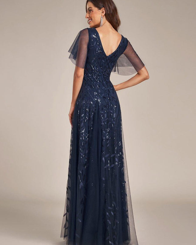 Zia | Fitted V-Neck Ruffle Sleeve Evening Dress