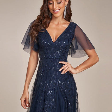 Zia | Fitted V-Neck Ruffle Sleeve Evening Dress