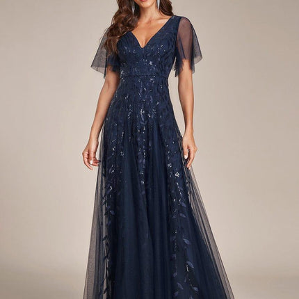 Zia | Fitted V-Neck Ruffle Sleeve Evening Dress