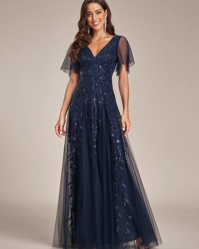 Zia | Fitted V-Neck Ruffle Sleeve Evening Dress