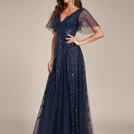 Zia | Fitted V-Neck Ruffle Sleeve Evening Dress