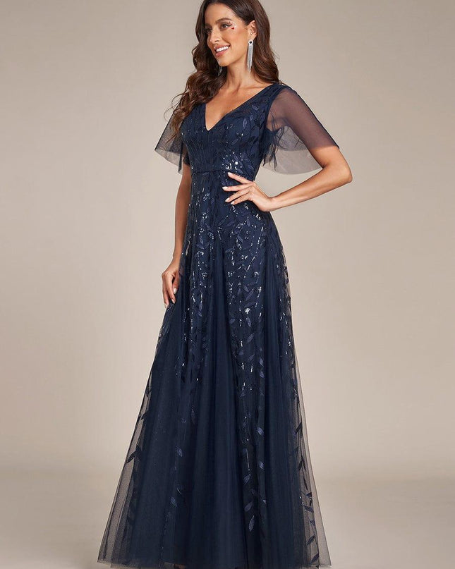 Zia | Fitted V-Neck Ruffle Sleeve Evening Dress